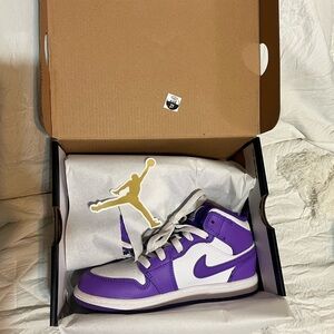 Jordan 1 Mid Purple Venom and White